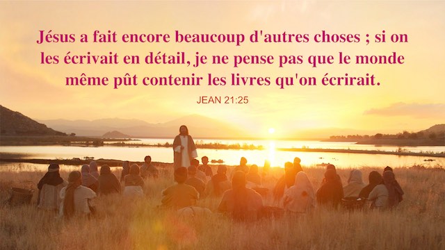 Jean 21：25 Jésus a fait encore beaucoup d'autres choses ; si on les écrivait en détail, je ne pense pas que le monde même pût contenir les livres qu'on écrirait.