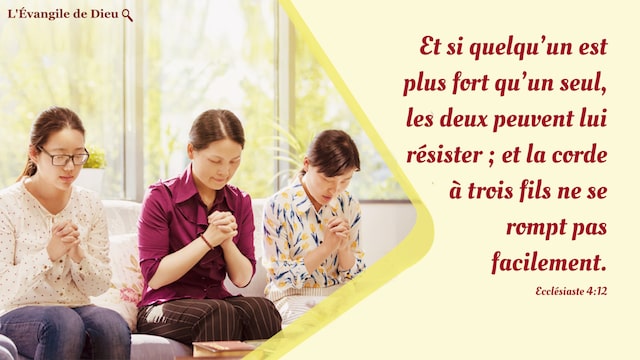 Ecclésiaste 4：12 Et si quelqu'un est plus fort qu'un seul, les deux peuvent lui résister ; et la corde à trois fils ne se rompt pas facilement.