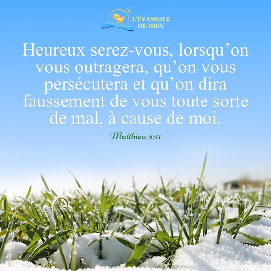 Matthieu 5:11 Heureux serez-vous, lorsqu’on vous outragera, qu’on vous persécutera et qu’on dira faussement de vous toute sorte de mal, à cause de moi.
