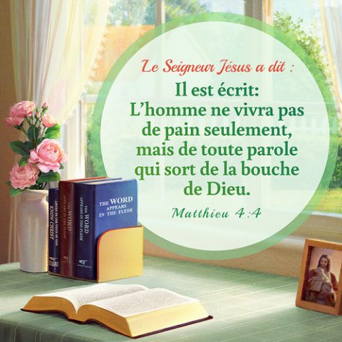 Matthieu 4:4  L'homme ne vivra pas de pain seulement，mais de toute parole qui sort de la bouche de Dieu.
